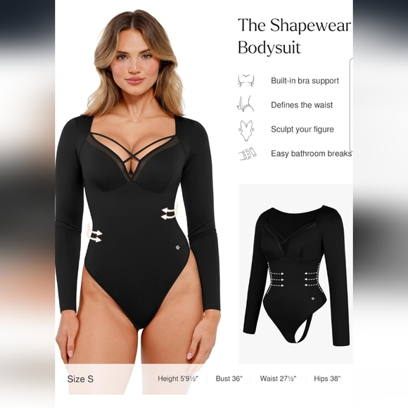 Popilush Black Longsleeve Deep V Shapewear Tummy Control Criss Cross Bodysuit XL - Picture 2 of 10